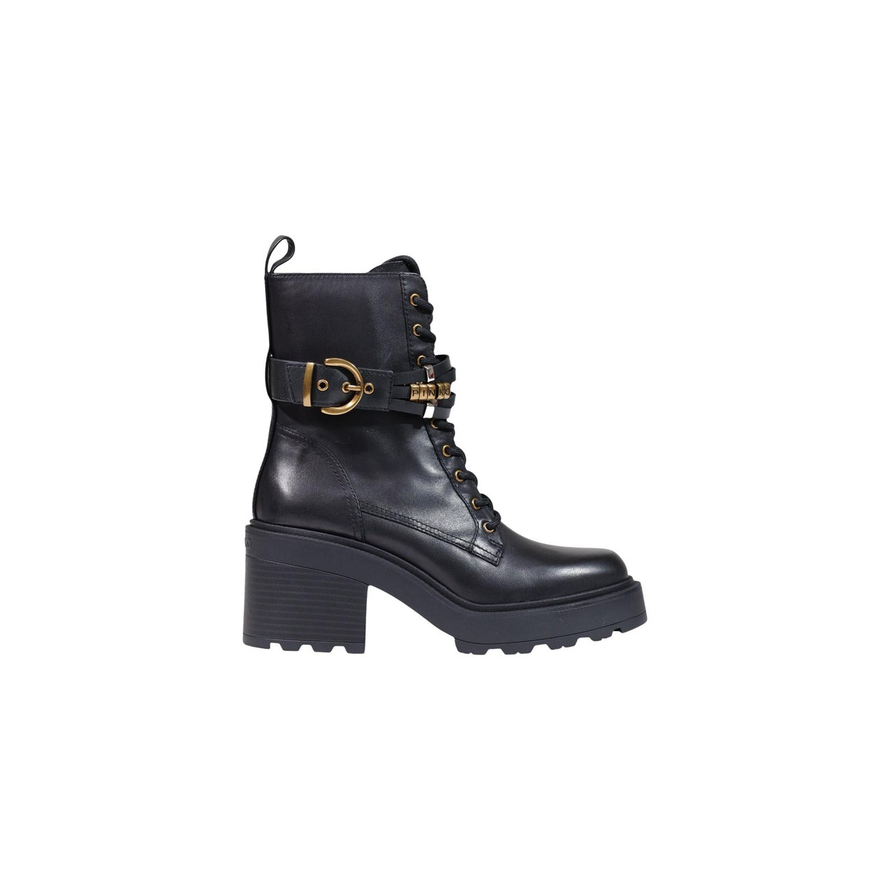 Stivaletti Pinko ALTEA 01 nero donna SD0549P001. Anfibi in pelle nero con suola platform da 6 cm, allacciatura frontale, cinturino con fibbia dorata e logo Pinko, stivali casual mezza stagione autunno inverno.