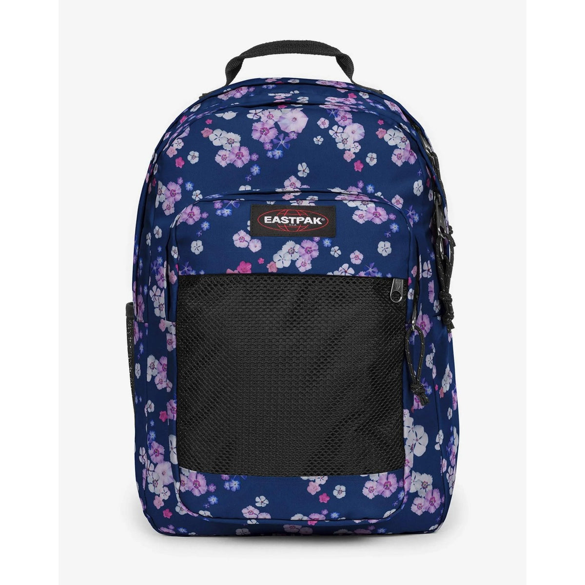 Zaino Eastpak Blu con fiori lilla; Dimensioni 29x44x28 cm. Doppio comparto con apertura a U, tasca laptop 16 pollici e portaborraccia. Organizer integrato e schienale trapuntato, stile casual-studio