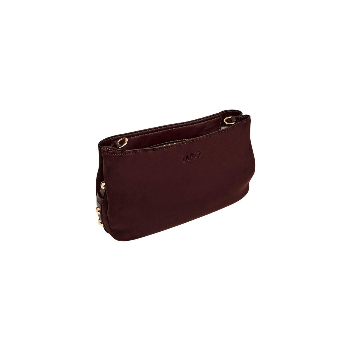 Borsa Liu-Jo bordeaux effetto velluto AF6033 T711A. Borsa piccola da donna bordeaux a mano e a tracolla con maxi borchie dorate laterali, logo tono su tono e chiusura zip, borsa elegante e casual chic 4 stagioni Liu-Jo.