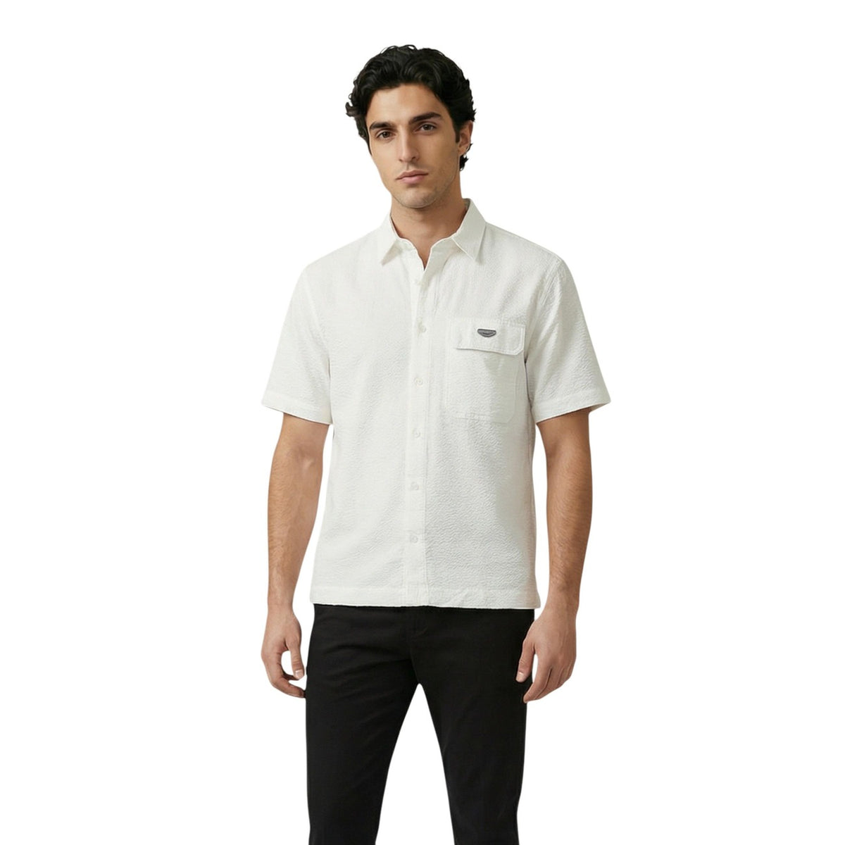 Camicia Antony Morato uomo bianca polo con bottoni maniche corte colletto 100% cotone - vista frontale indossata da modello
