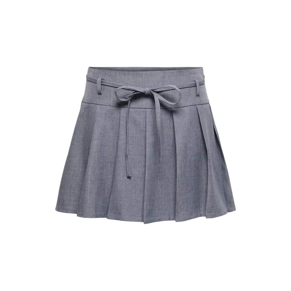 Minigonna grigia Only Onllinda con pieghe e cintura coordinata, realizzata in tessuto ecosostenibile elasticizzato, stile femminile e moderno. Vista frontale stesa