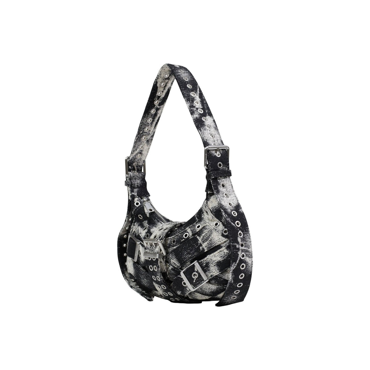 borsa a spalla Desigual Buckle grigia in cotone con fibbie decorative. Vista frontale laterale