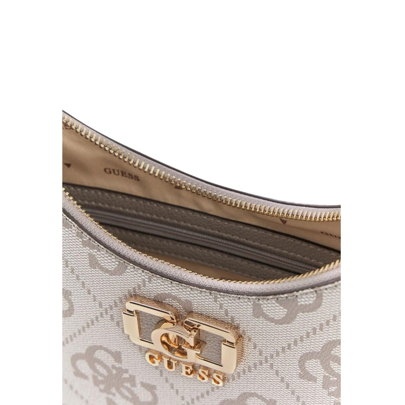 Borsa Guess donna grigia - dettaglio logo e cerniera aperta in primo piano