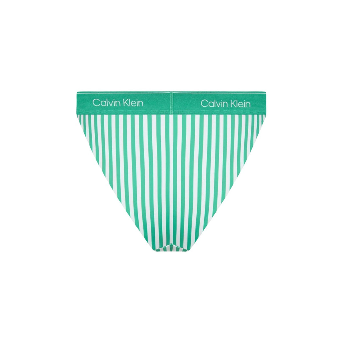 Slip Brasiliano CK Jeans; Verde a Righe. Tessuto riciclato ad asciugatura rapida, vita bassa con banda logata. Taglio brasiliano, stile sportivo e sostenibile. Vista posteriore stesa