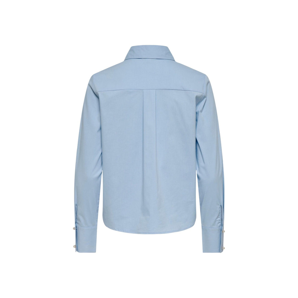 Camicia Only donna blu modello 15376883. Blusa a maniche lunghe in cotone elasticizzato blu scuro con scollo a V, colletto classico e applicazioni di fiocchi e perline sul davanti, camicia elegante e romantica per la mezza stagione.