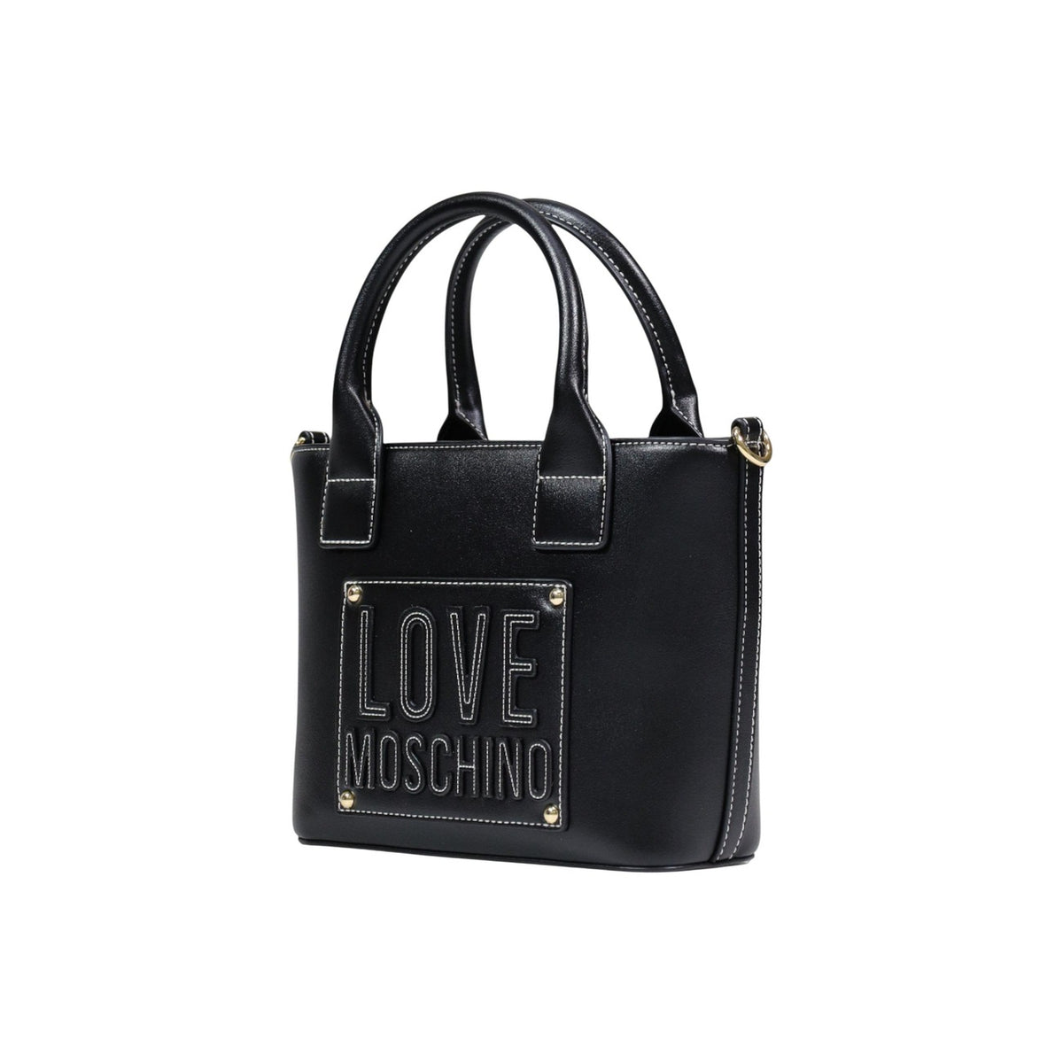 Borsa Love Moschino donna nera a tracolla modello JC4086PP1. Borsetta piccola nera a mano e a spalla con doppi manici corti, tracolla removibile, logo in rilievo con inserti metallici oro sul davanti e chiusura con zip, stile casual chic ed elegante.