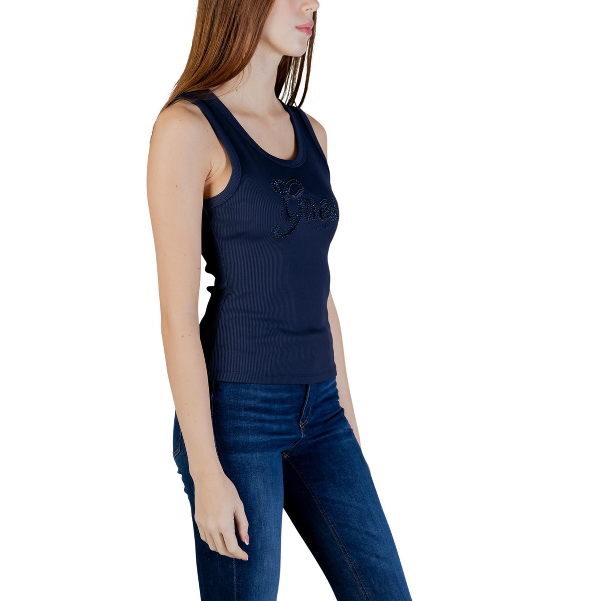 Canotta donna Guess blu in poliammide smanicata primavera estate - vista laterale