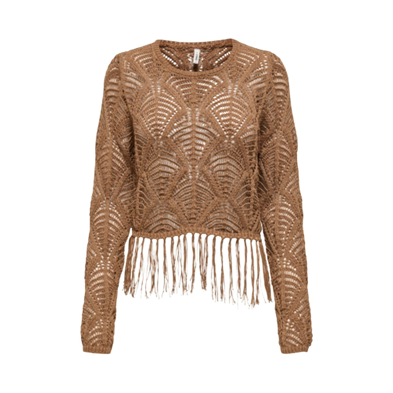 Maglione Only Onlleonie; 100% acrilico, trama traforata, girocollo, dettaglio frange sul fondo. Il must-have boho-chic per la tua mezza stagione. Colore marrone cammello