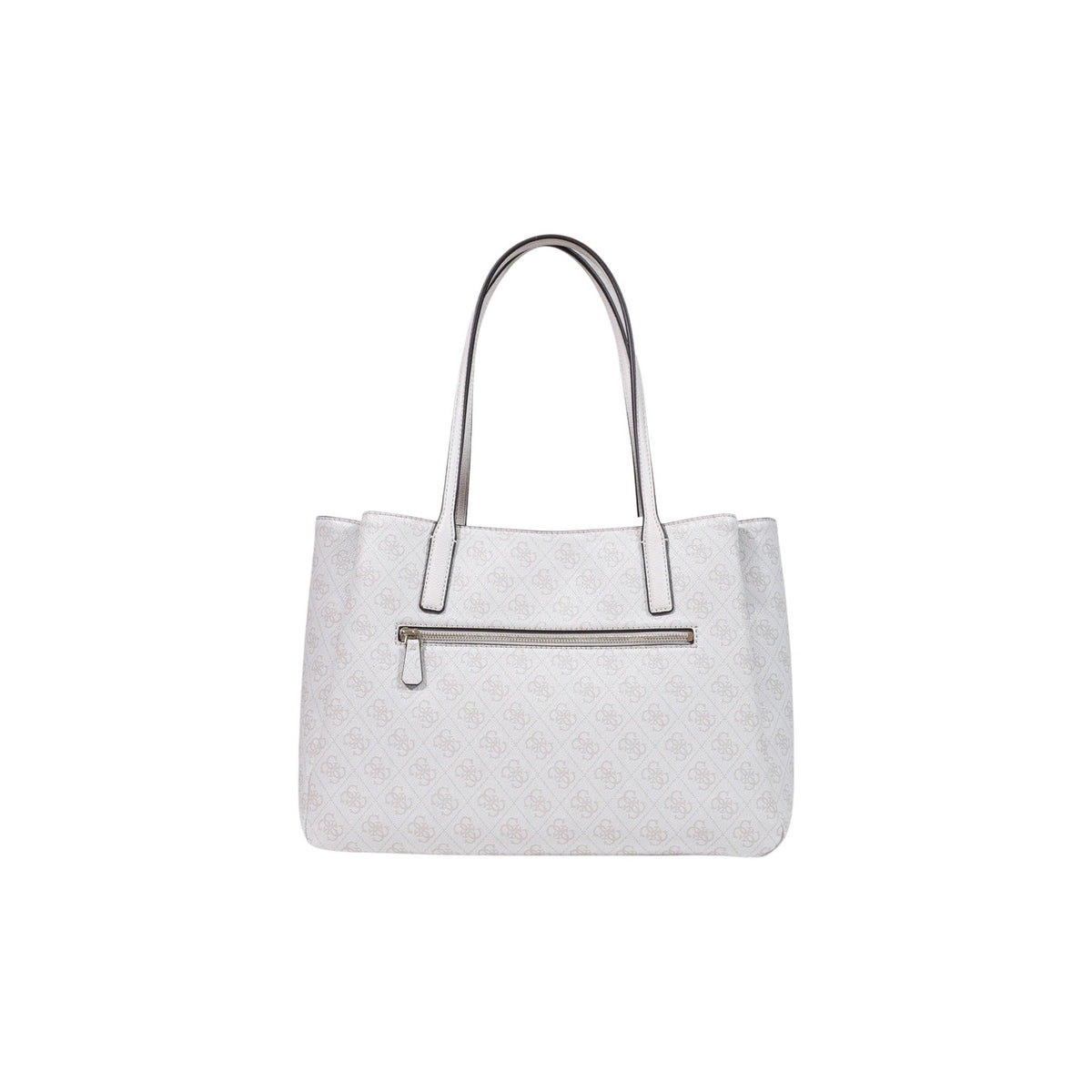 Borsa Shopper Grande Donna Bianca Guess Anadela; Struttura 100% poliuretano con motivo logo all-over e chiusura a zip. Triplo scomparto interno, manici lunghi a spalla e charm coordinato, stile elegante 4 stagioni. Posteriore