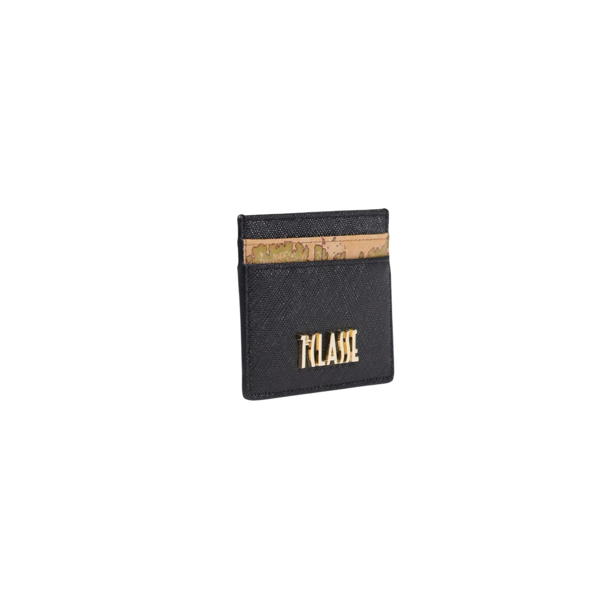 Portacarte Alviero Martini PM79 Geo Classic, design slim multi-slot con logo metallico; accessorio compatto e resistente ideale per borse piccole e mini bag. Vista frontale laterale