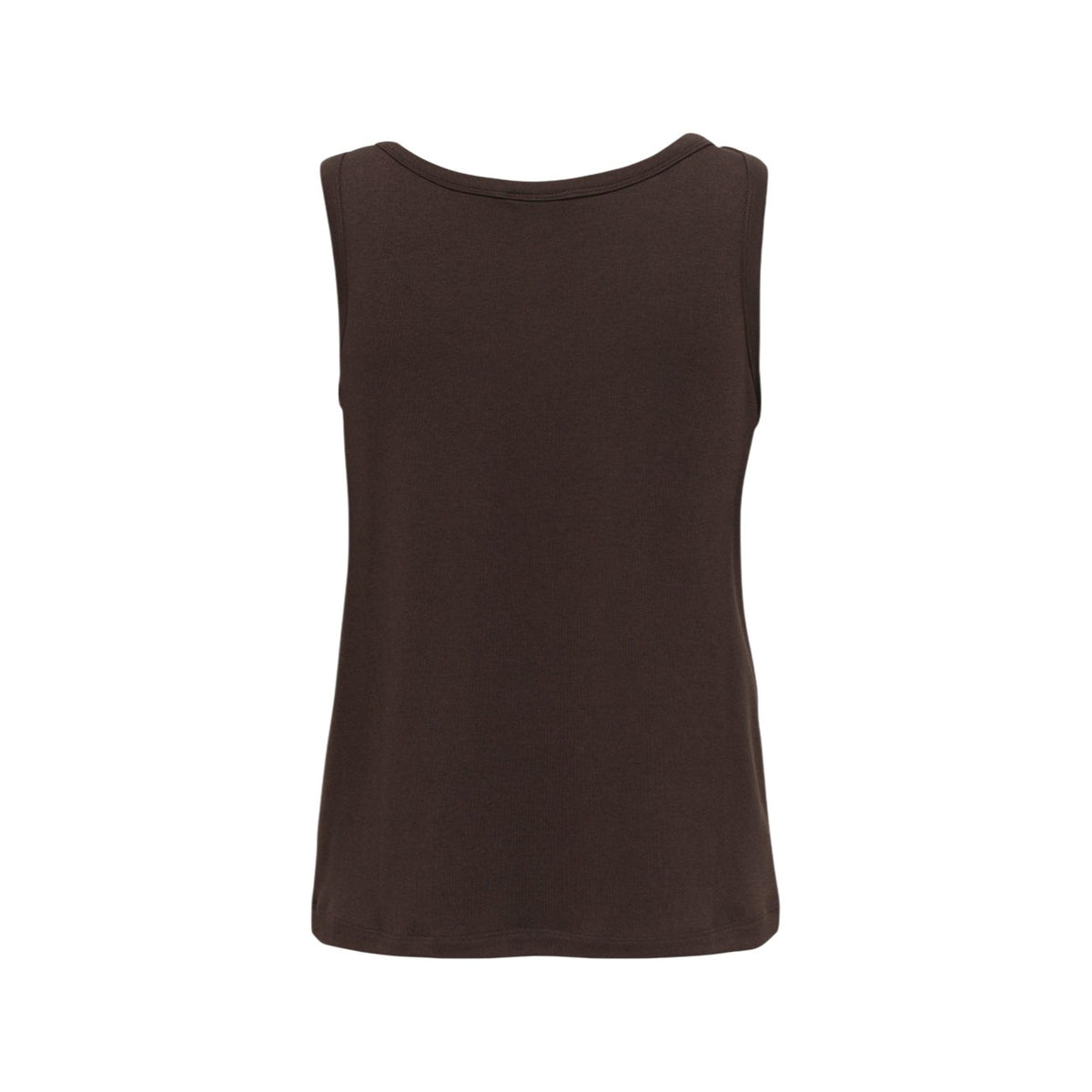 Top JDY Jdyuffa Marrone; Jersey di Viscosa e Poliestere. Dettaglio metallico spalla sinistra, scollo tondo, senza maniche. Tessuto morbido e flessibile, stile casual-chic per Primavera/Estate. Vista posteriore stesa
