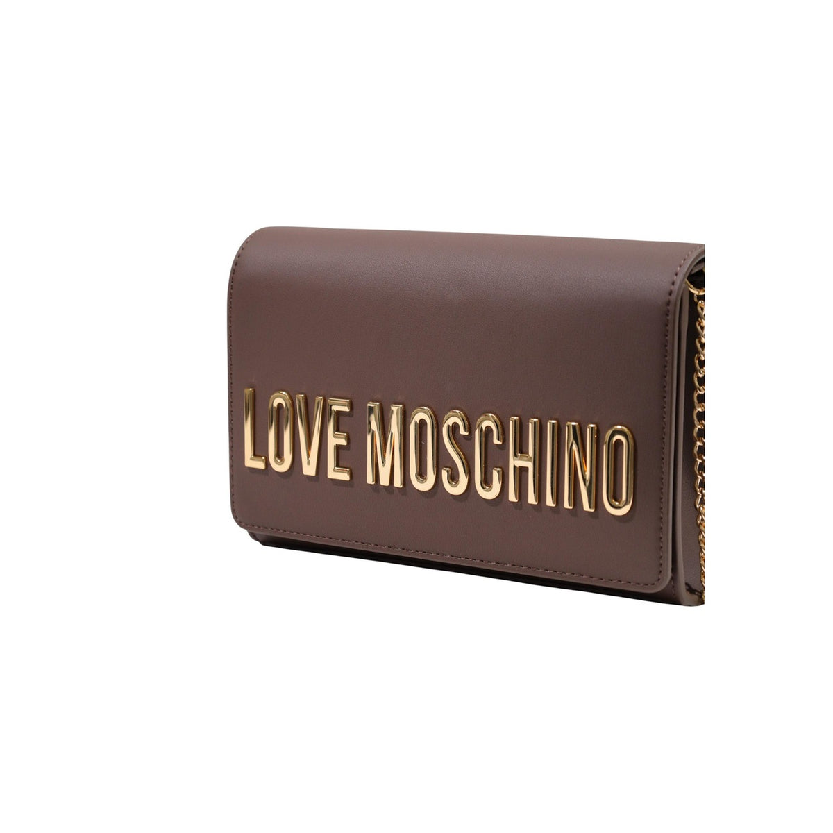 Borsa Love Moschino donna marrone a tracolla modello JC4103PP. Borsetta piccola color marrone cioccolato con catena oro e logo metallico dorato sul davanti, stile elegante, casual chic e da sera o giorno.