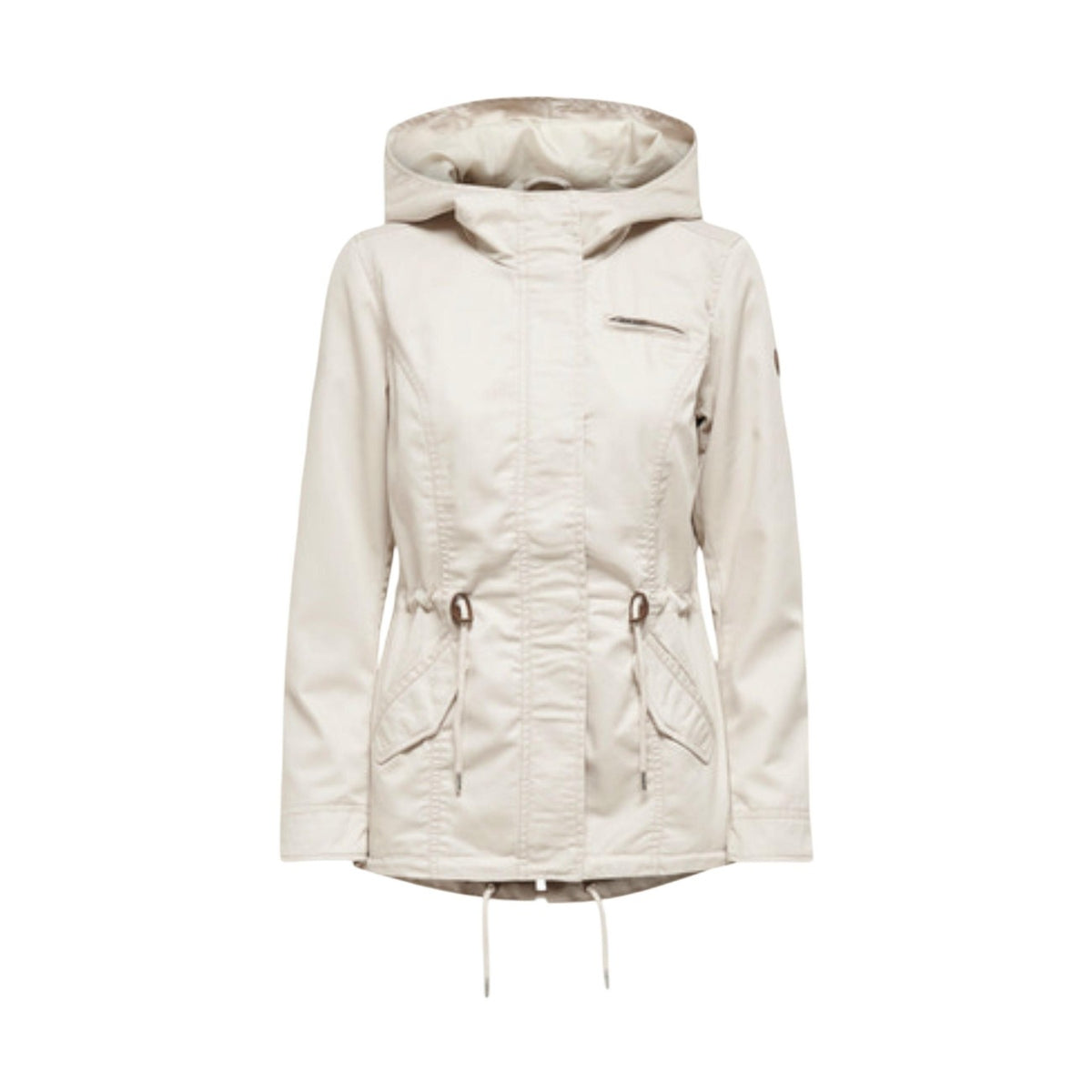 parka beige chiaro da donna Only Onllorca Life Canvas Cc Otw. Realizzato con una composizione eco-sostenibile di 80% poliestere riciclato e 20% cotone, pratico cappuccio, chiusura frontale con zip coperta da patta e bottoni a pressione, tasche laterali con patta e una tasca con zip sul petto. Vista frontale stesa