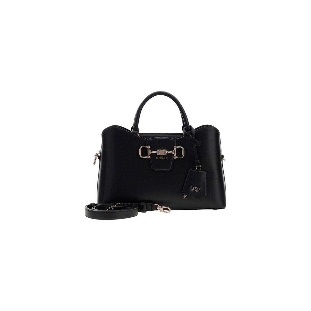 borsa a mano Guess Janie Girlfriend Satchel in ecopelle nero vista frontale con tracolla