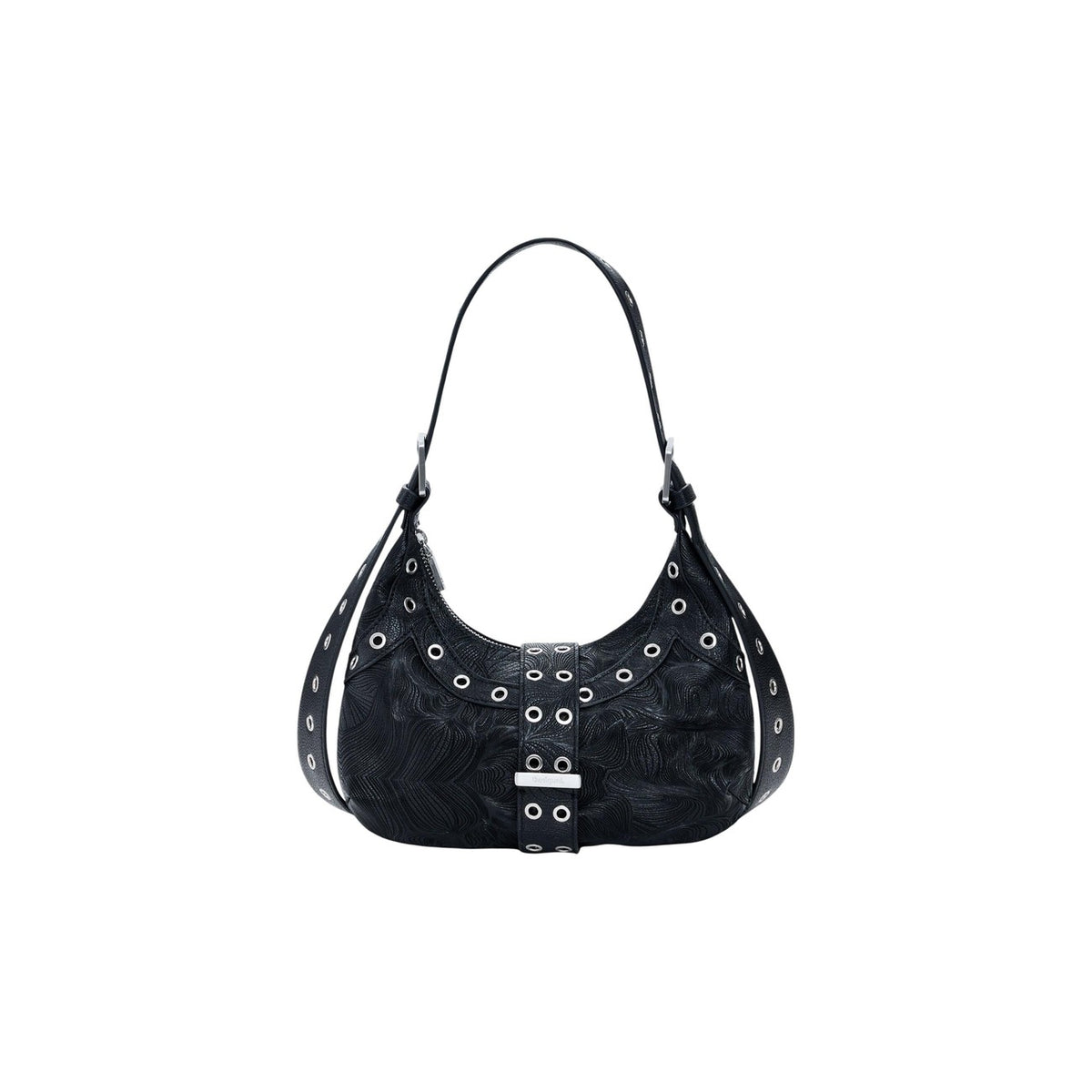 Borsa di medie dimensioni con tessuto effetto pelle di colore nero, chiusura superiore e manico corto regolabile. Presenta dettagli metallici circolari distribuiti sul davanti e sul retro.