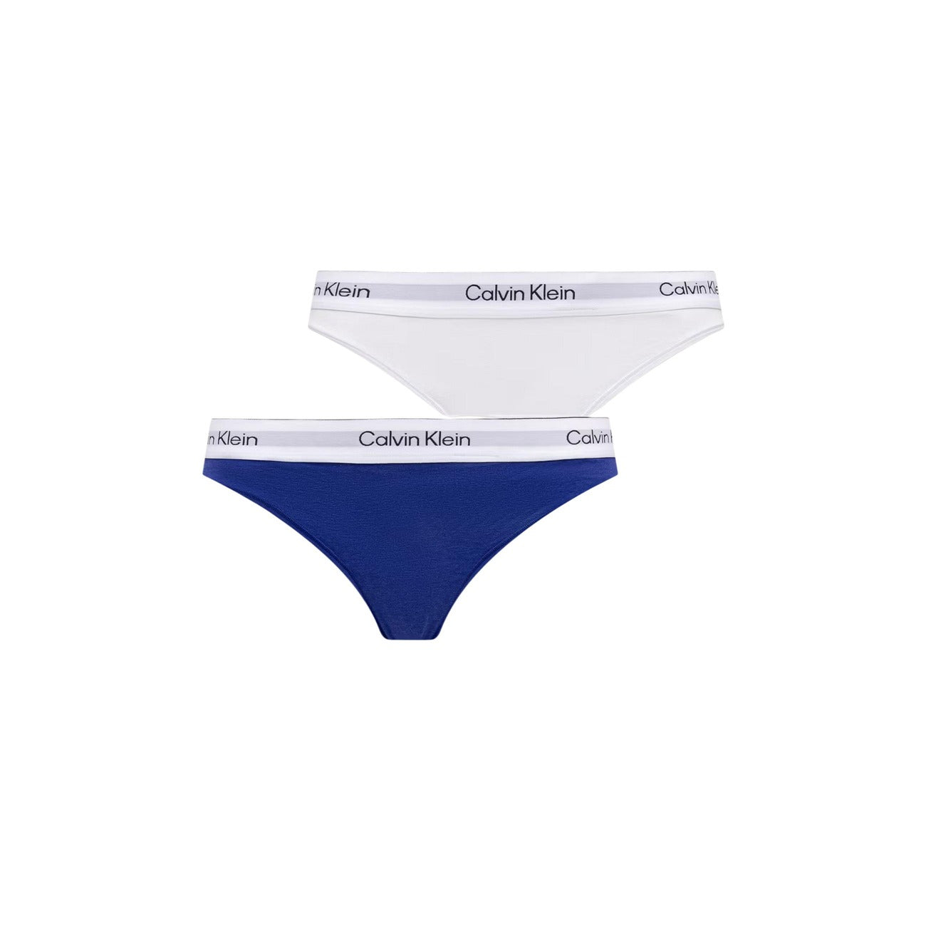 Perizoma Donna Calvin Klein Icon 2-Pack; Confezione doppia in cotone, modal ed elastan traspirante. Modello a vita media con elastico logato piatto senza cuciture, intimo invisibile quotidiano. Bianco e Blu