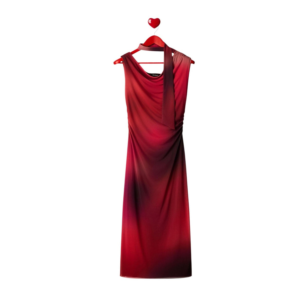 Abito midi in chiffon, con drappeggi laterali, senza maniche, scollo asimmetrico e stampa a macchie di colori.
Vista frontale