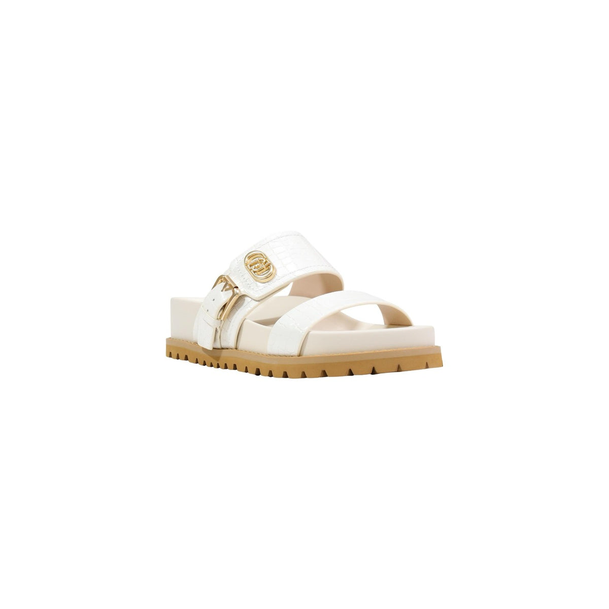 Liu-Jo Livia 02 SA6109EX068, sandali bianchi donna con doppia fascia e fibbia logata; suola platform dentellata, dettagli dorati e calzata ergonomica, ideali per outfit estivi urban-chic. Vista frontale