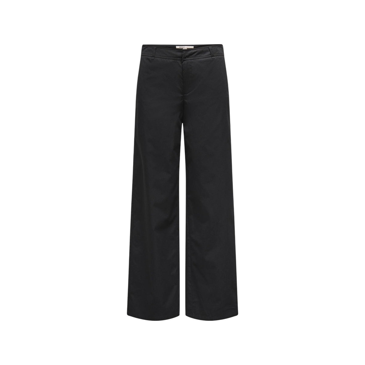 Pantaloni neri bootcut Only Onltanny, tessuto chino elasticizzato con cintura a fibbia; taglio ampio e svasato sul fondo, perfetti per valorizzare la silhouette in ogni occasione. Vista frontale Stesa