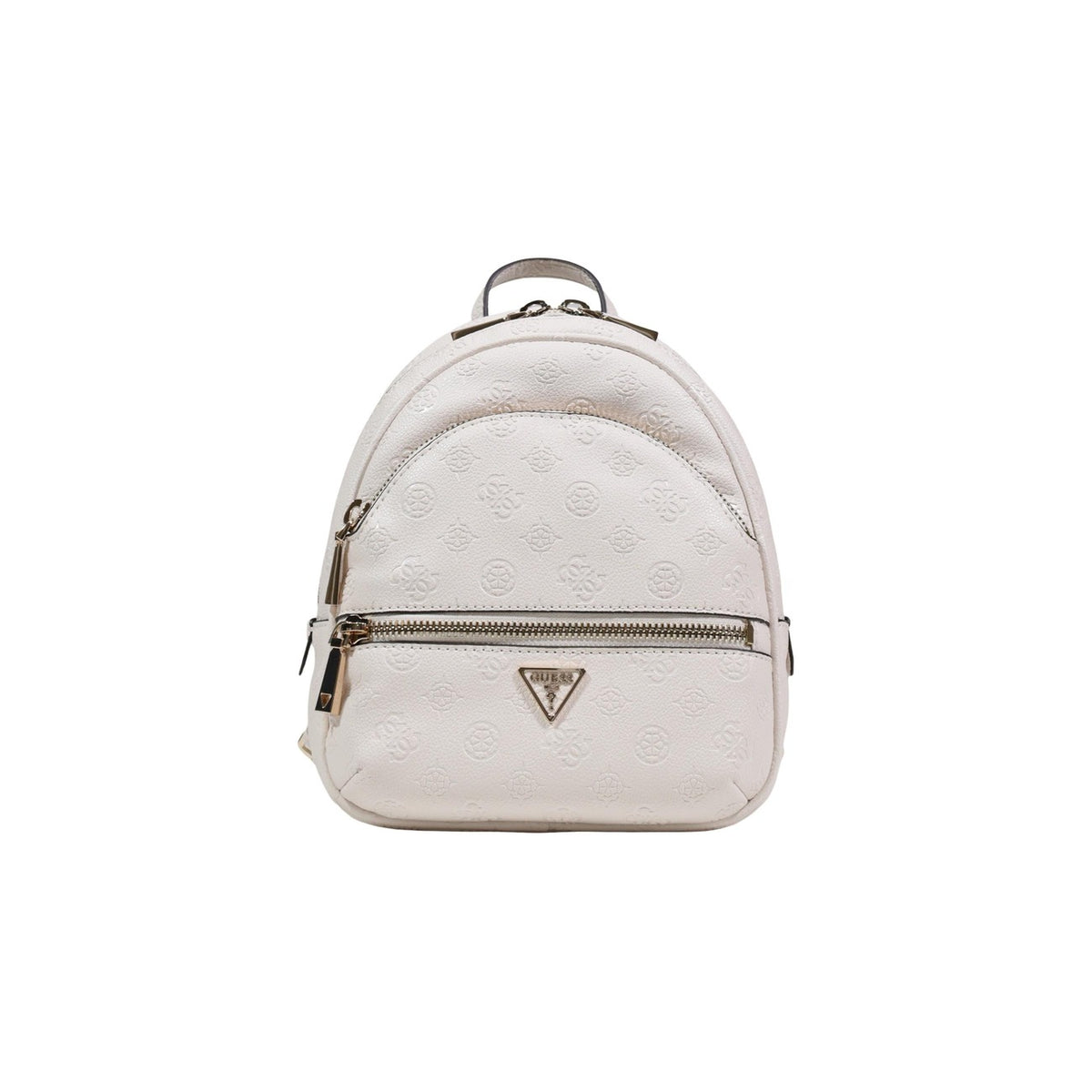 Guess Manhattan II Backpack; zaino bianco con dettagli dorati, doppia zip e scomparti interni, stile contemporaneo e dimensioni medie perfette per contenere tutti gli essenziali quotidiani. Vista frontale