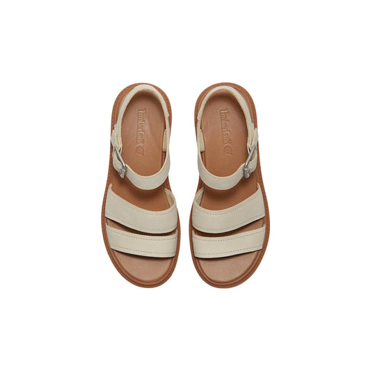 Timberland Stone Street Platform Sandal; pelle Premium, tecnologia OrthoLite®, materiali riciclati ReBOTL™. Il sandalo estivo dal comfort durevole e sostenibile. Colore beige vista frontale dall’alto