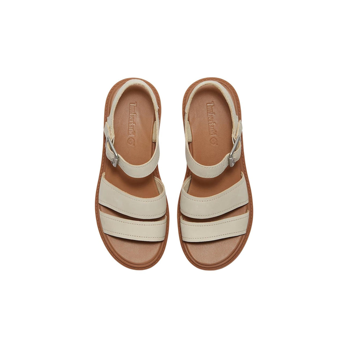 Timberland Stone Street Platform Sandal; pelle Premium, tecnologia OrthoLite®, materiali riciclati ReBOTL™. Il sandalo estivo dal comfort durevole e sostenibile. Colore beige vista frontale dall’alto