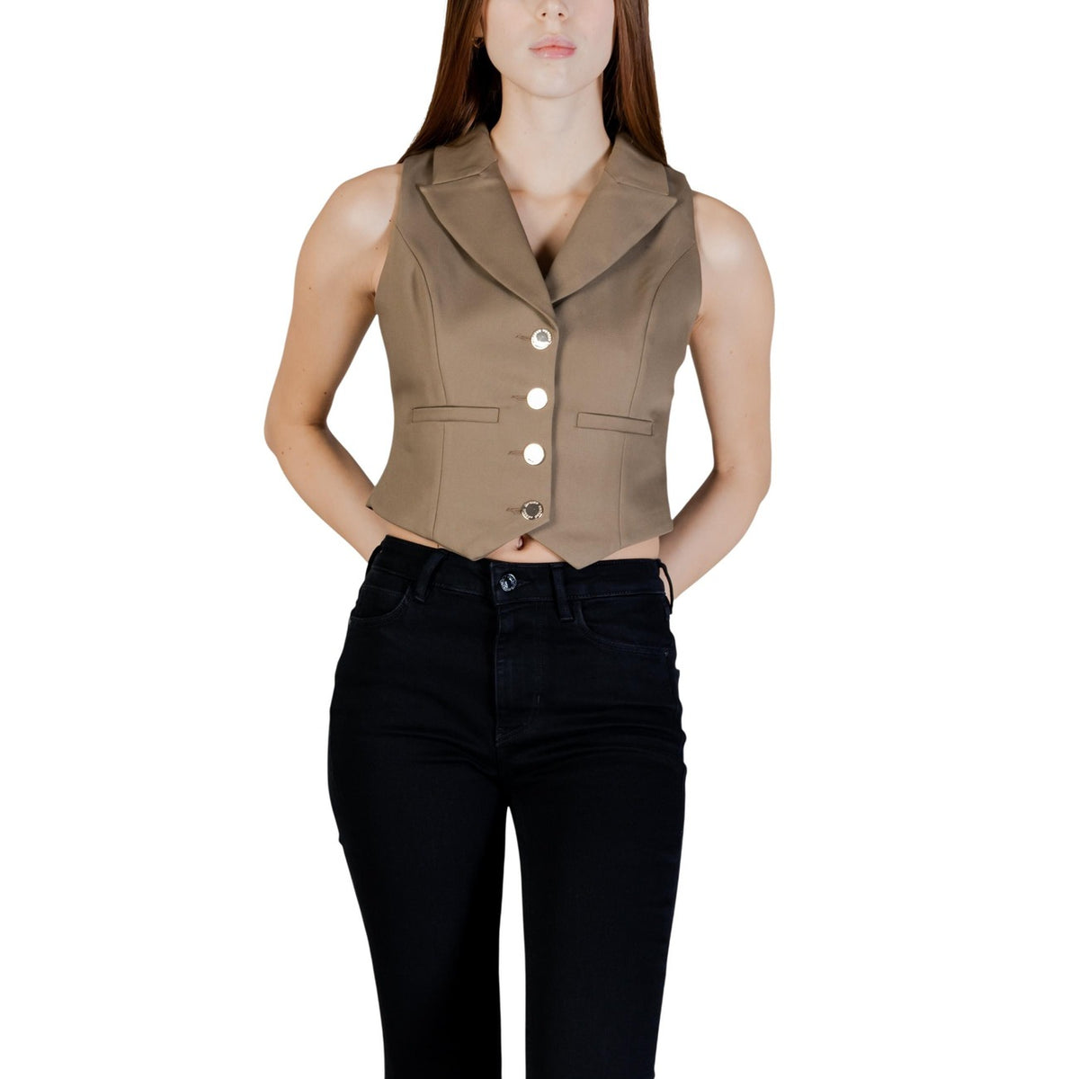 Gilet donna Morgan De Toi verde in cotone 50% e poliestere 47% smanicato con chiusura a bottoni e scollo a V