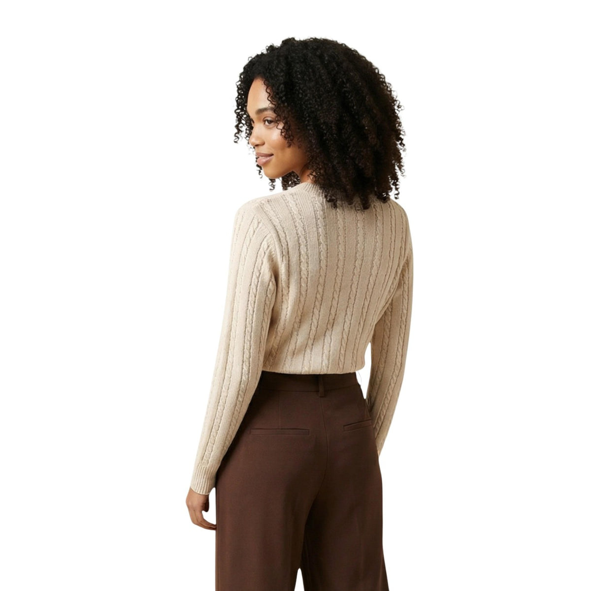 Maglia Jacqueline De Yong JDYBOW EMB. L/S O-NECK CABLE PULL KNT donna beige manica lunga scollo tondo 50% acrilico 50% cotone - vista posteriore retro indossata da modello