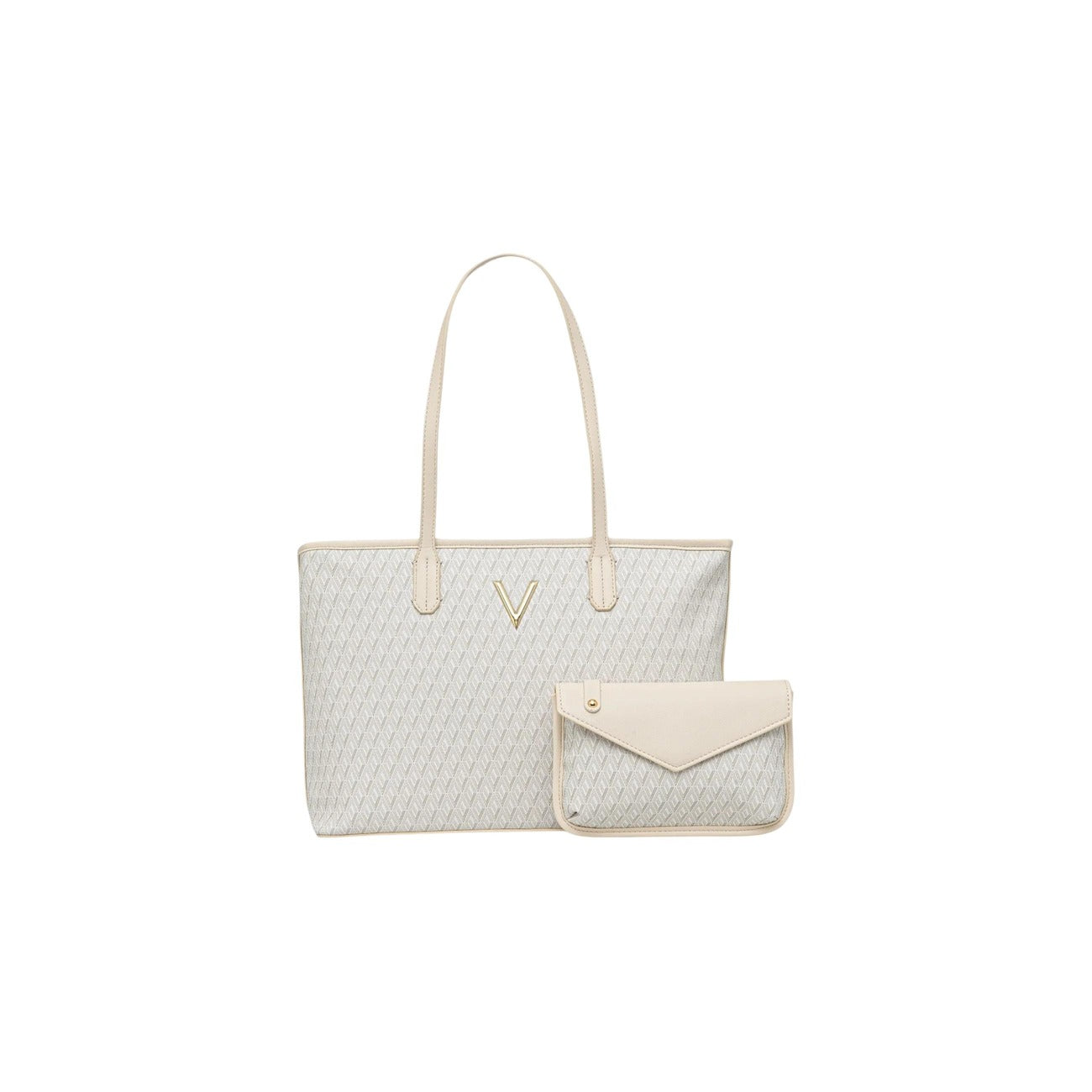 Valentino Bags Queen Re VBS9OX01, borsa beige shopping grande con pochette interna; stampa monogramma, chiusura con zip e finiture metalliche dorate, capiente e resistente. Vista frontale
