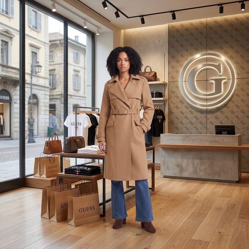 Guess Cappotto EVE MELTON TRENCH Donna: Camel e Nero su Riflesso Fashion