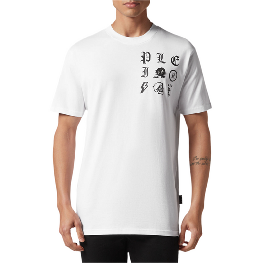 Philipp Plein T-Shirt Uomo Bianca Stampa Manica Corta Scollo Tondo 100% Cotone Primavera/Estate EBO_2050