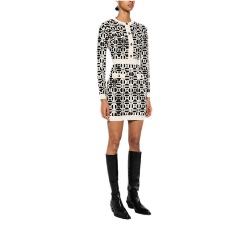 Abito corto Elisabetta Franchi con maniche lunghe - vista frontale dettaglio pattern jacquard