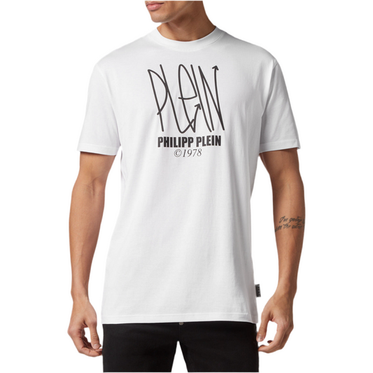 Philipp Plein T-Shirt Uomo Bianca Stampa Manica Corta Scollo Tondo 100% Cotone Primavera/Estate EBO_2052