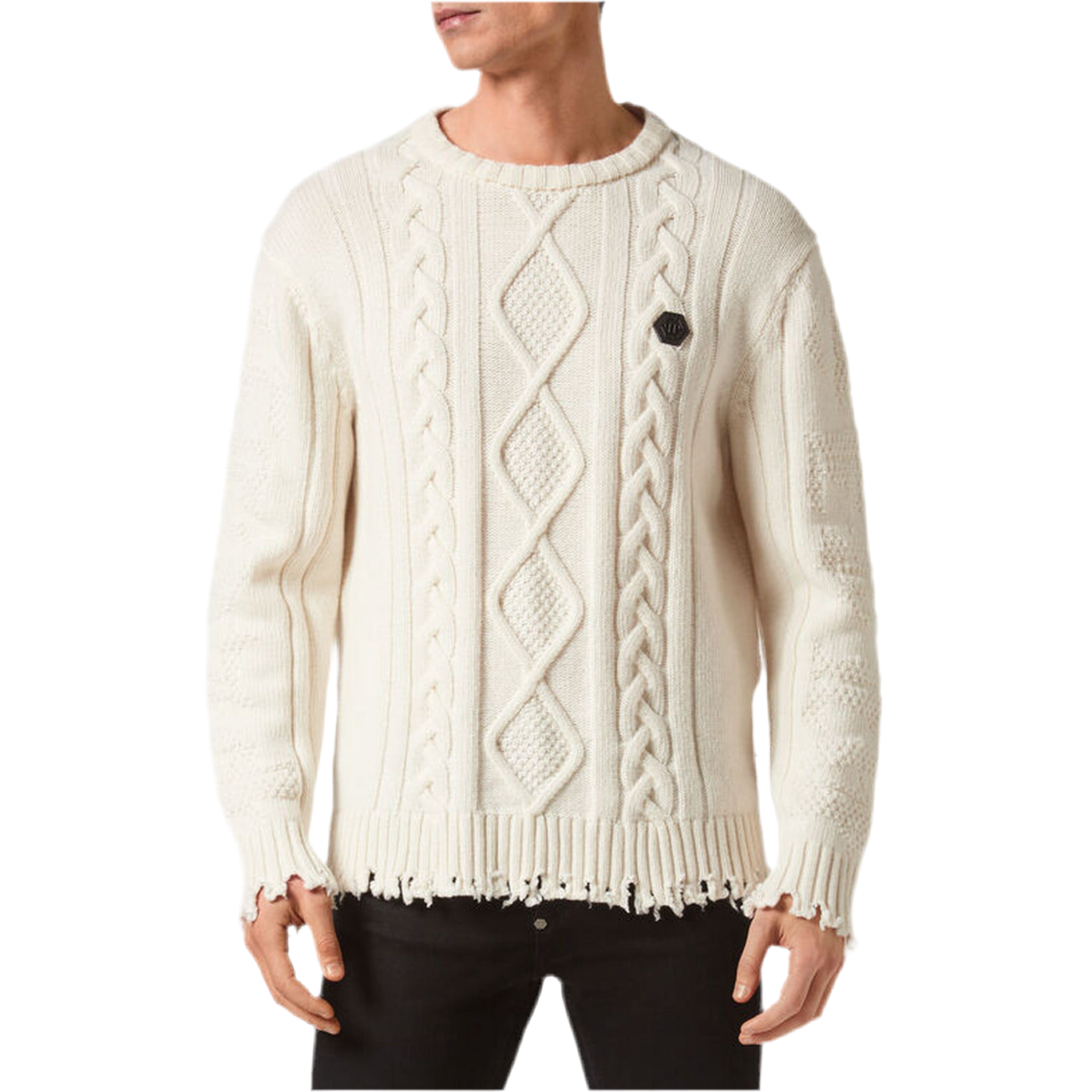 Philipp Plein Maglia Uomo Bianca Effetto Strappato Maniche Lunghe Scollo Tondo in Lana 100% Autunno/Inverno EBO_2035