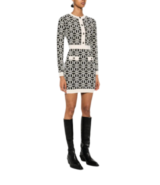 Abito corto Elisabetta Franchi con stampa logo jacquard bianco avorio e nero - vista frontale