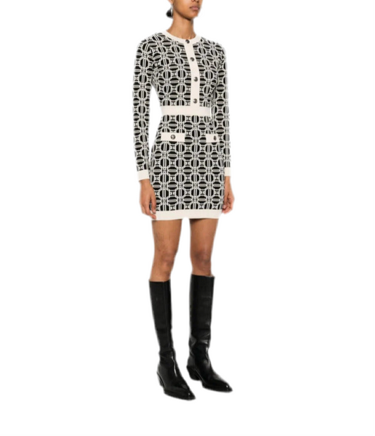 Abito corto Elisabetta Franchi con stampa logo jacquard bianco avorio e nero - vista frontale
