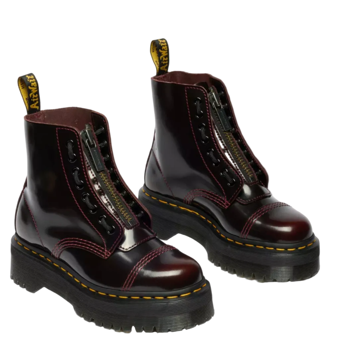 Stivali Dr. Martens SINCLAIR IN PELLE ARCADIA CON PLATFORM donna bordeaux con lacci plateau 100% pelle - vista frontale laterale