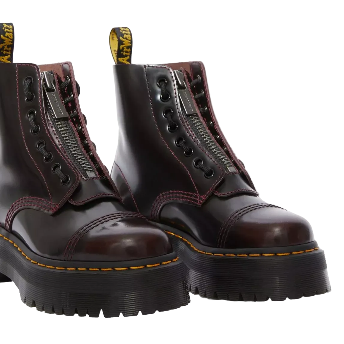 Stivali Dr. Martens SINCLAIR IN PELLE ARCADIA CON PLATFORM donna bordeaux con lacci plateau 100% pelle - vista frontale dettaglio 