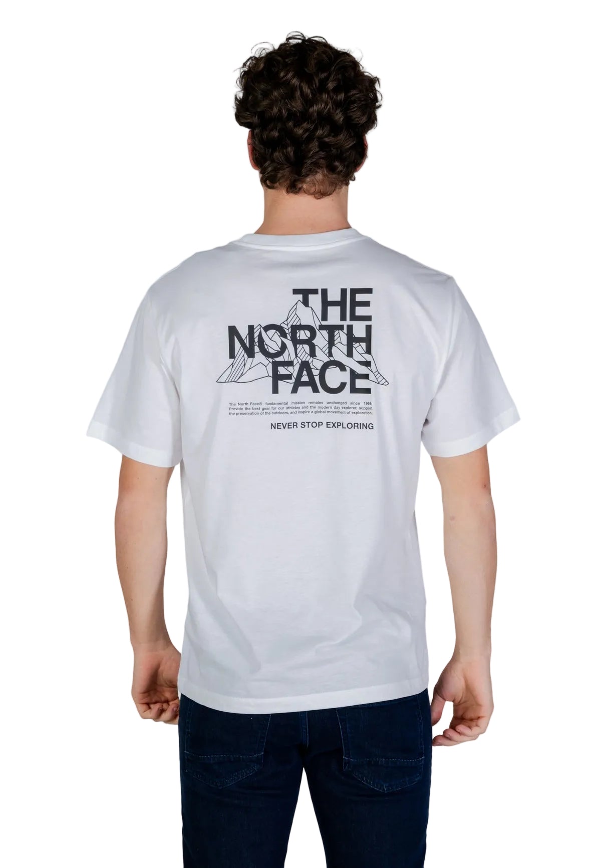 T-shirt The North Face uomo bianco con logo maniche corte scollo tondo - vista posteriore indossata da modello