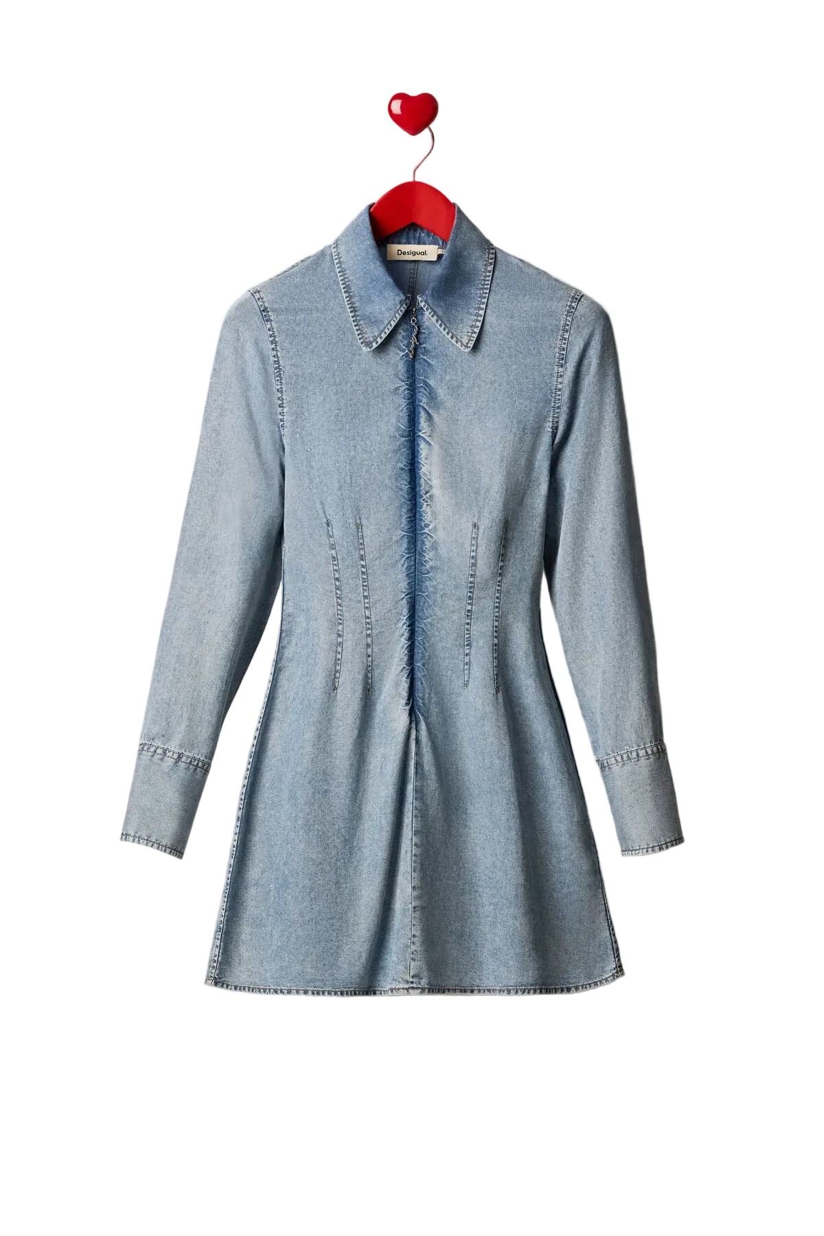 Abito in denim aderente, a maniche lunghe, con cerniera allo scollo e cuciture verticali in vita.Vista frontale appeso