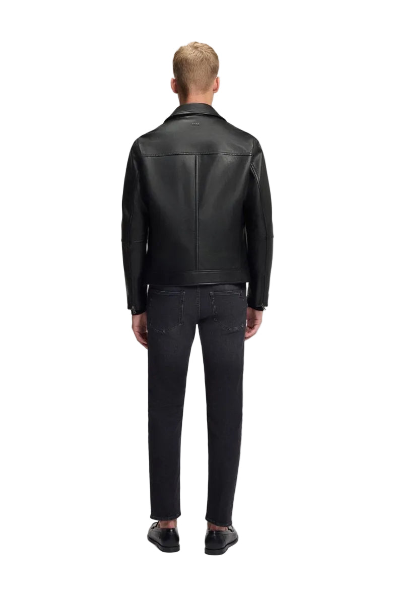 giubbotto in pelle regular fit BOSS Uomo con chiusura con zip, di colore nero. 
Vista posteriore retro 