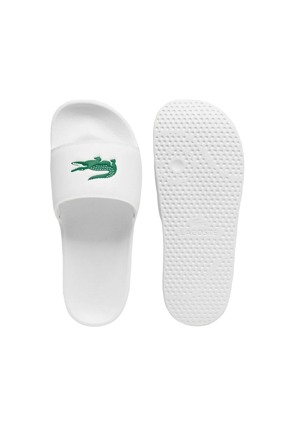 Ciabatte bianco a fascia da uomo Lacoste Serve Slide 1.0 con logo del coccodrillo in rilievo sulla fascia ampia e suola ergonomica coordinata. Vista dall’alto 
