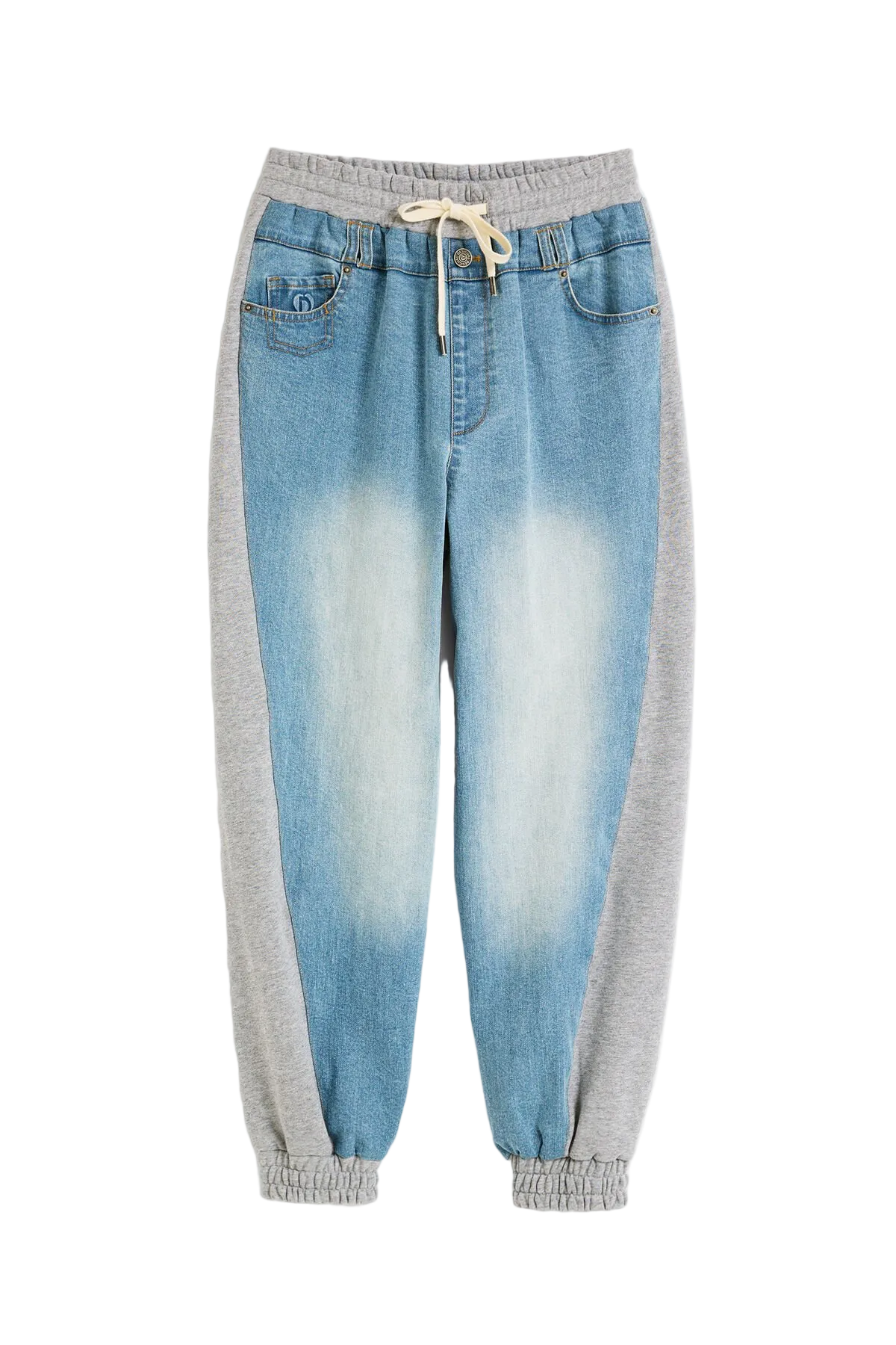 Pantaloni jogger in denim con elastico in vita, realizzati in due materiali a contrasto di colore. Vista frontale stesa 