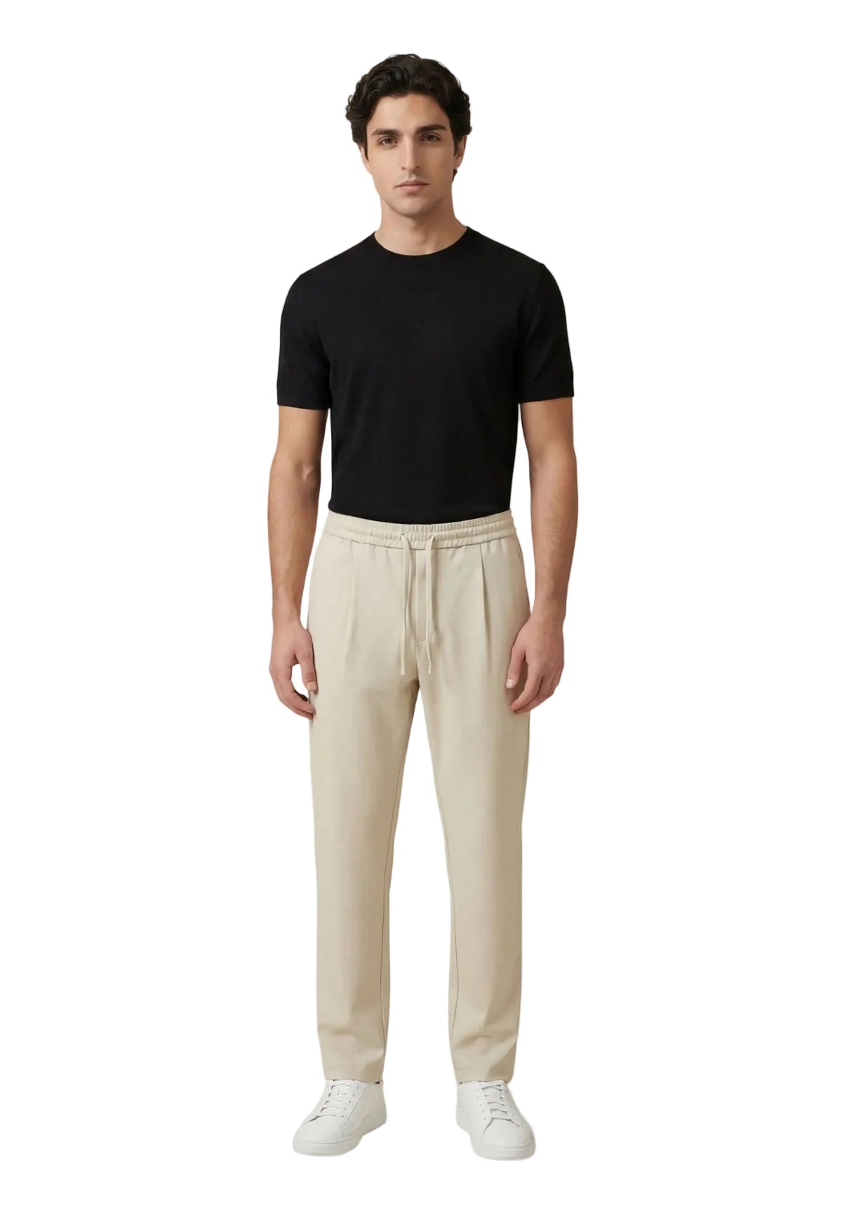 Pantaloni beige loose fit Only & Sons Onswill con coulisse e pieghe frontali, realizzati in poliestere riciclato e viscosa, ideali per look da ufficio rilassato. Vista frontale figura intera