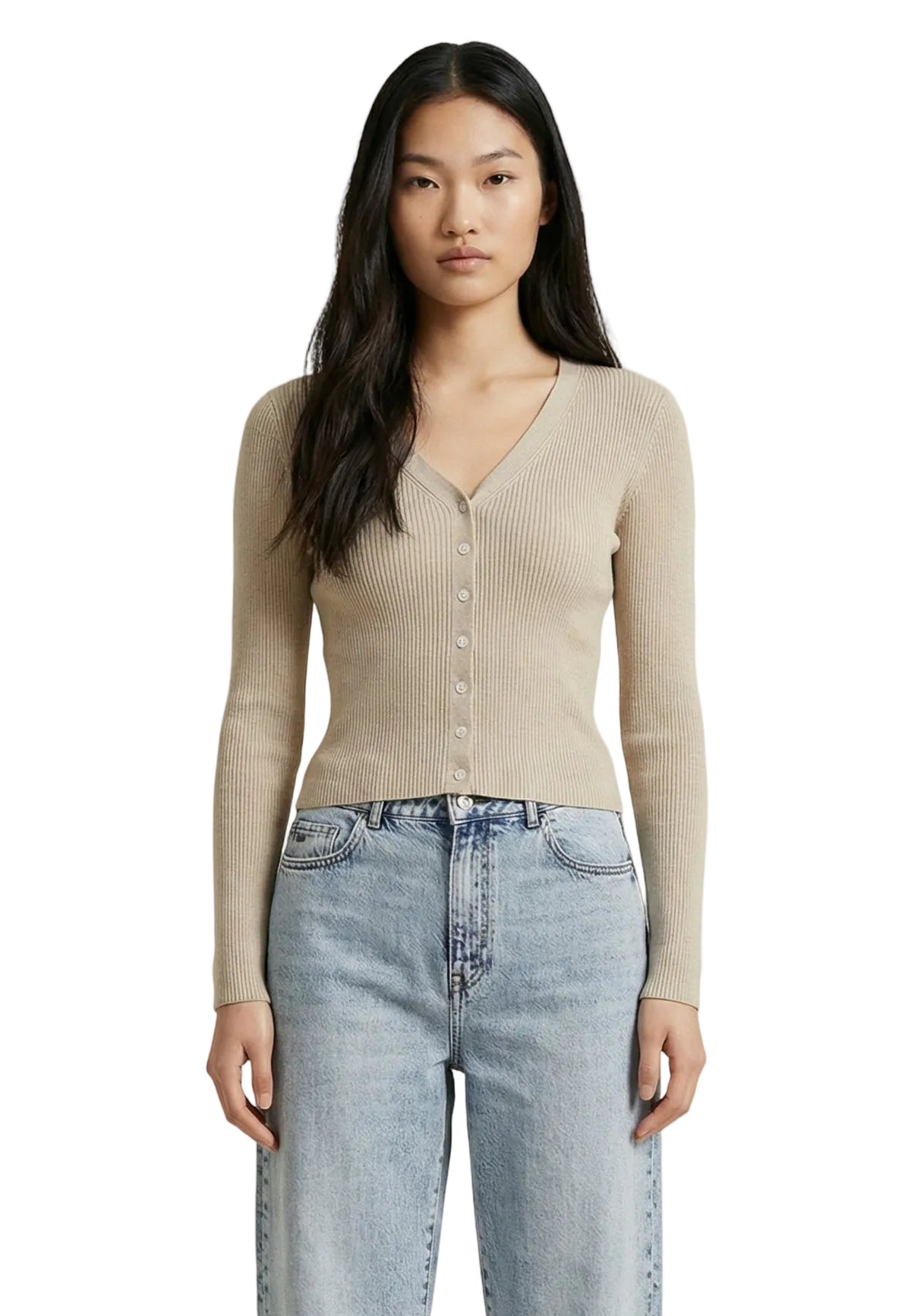 Cardigan beige aderente Only Onlmist a costine con scollo a V e bottoni, realizzato in misto viscosa e nylon dalla mano morbida.