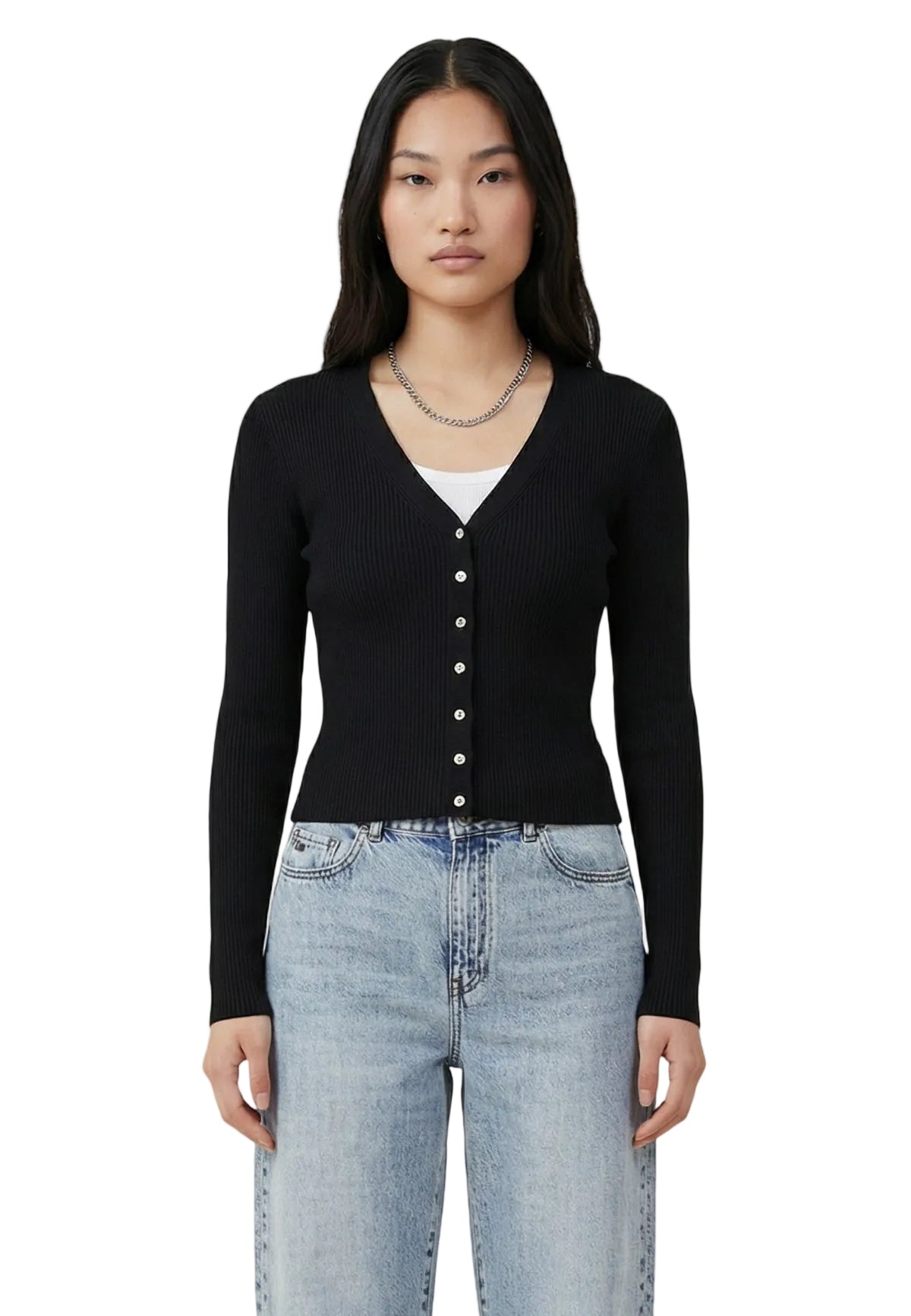 Cardigan nero aderente Only Onlmist a costine con scollo a V e bottoni, realizzato in misto viscosa e nylon dalla mano morbida. Vista frontale 