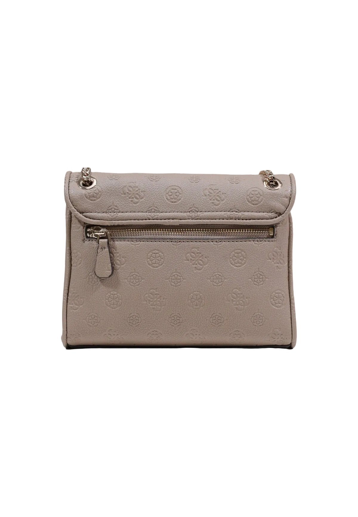 Borsa marrone Guess Anise Convertible con flap e logo in rilievo, tracolla a catena regolabile e chiusura a incastro, ideale per outfit eleganti. Figura posteriore 