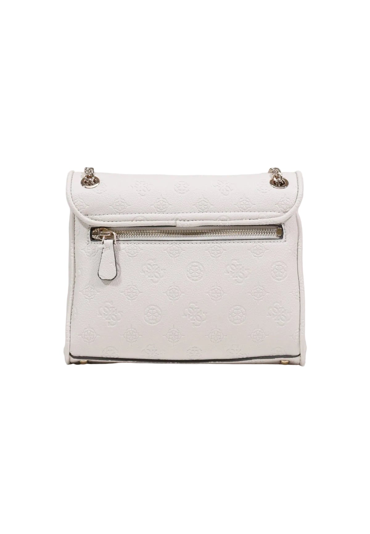 Borsa avorio Guess Anise Convertible con flap e logo in rilievo, tracolla a catena regolabile e chiusura a incastro, ideale per outfit eleganti. Figura posteriore