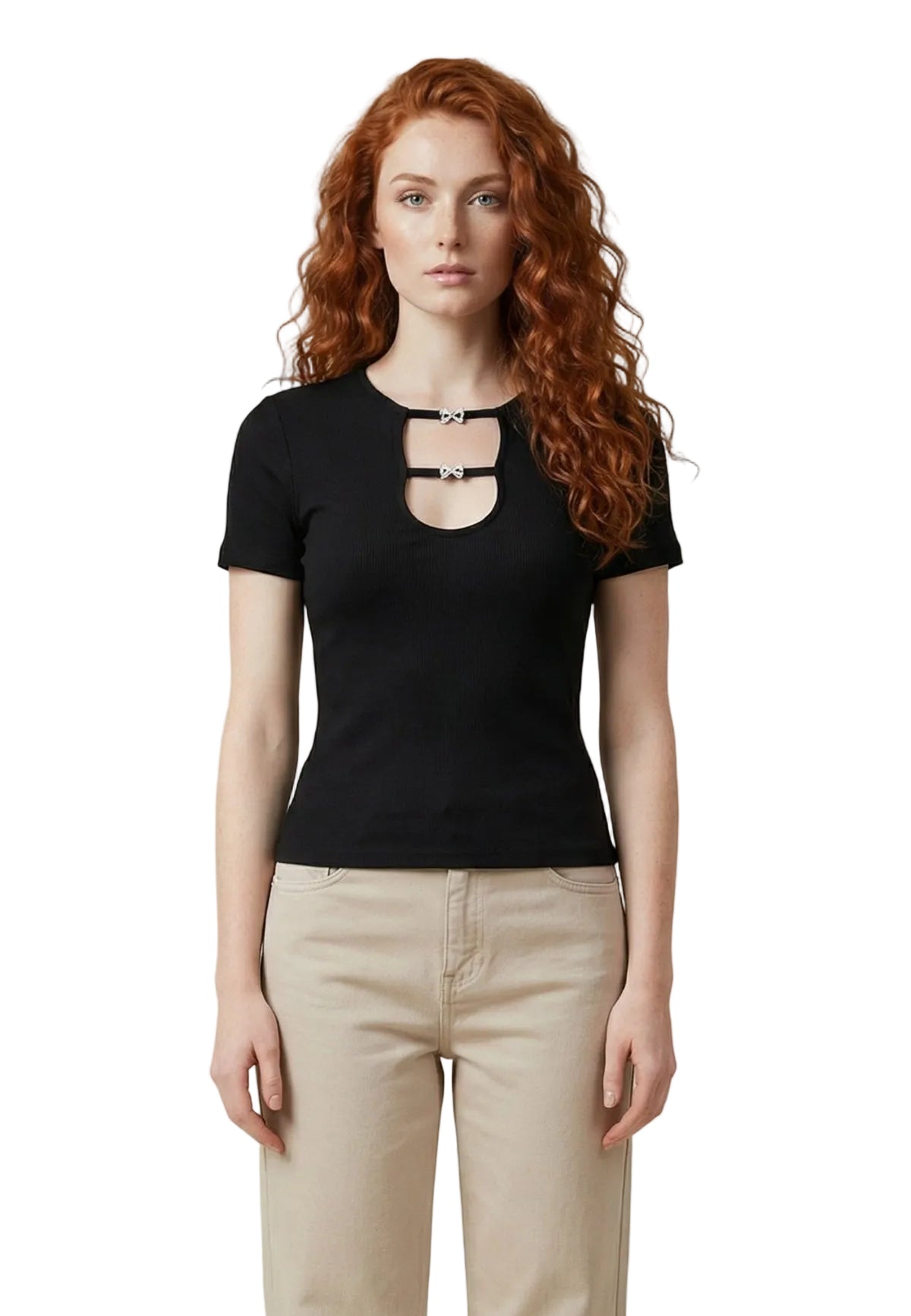 T-shirt nera Only Onlrene con dettaglio cut-out e fiocchi, maniche corte e taglio aderente in cotone organico, ideale per outfit femminili. Vista frontale 