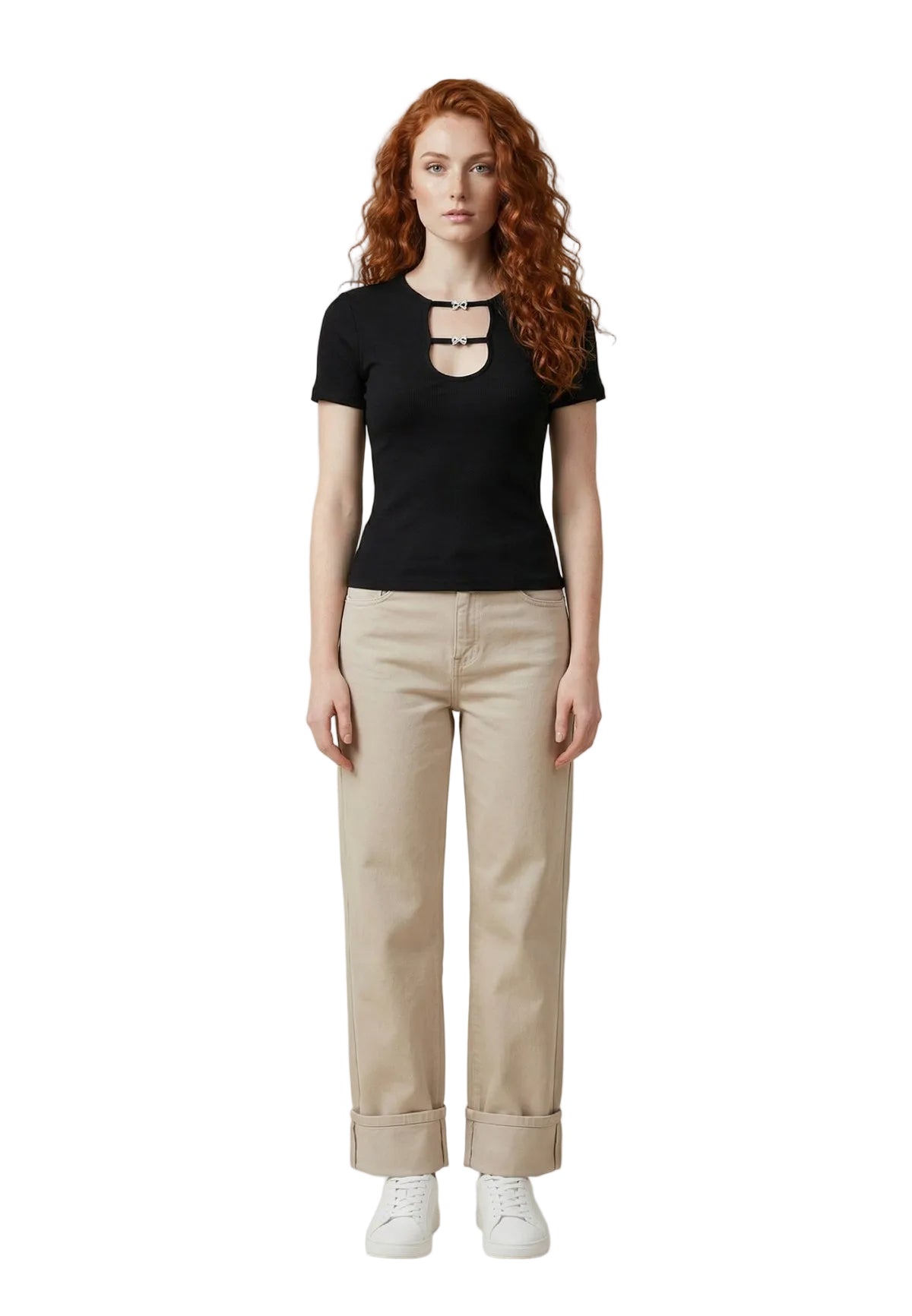 T-shirt nera Only Onlrene con dettaglio cut-out e fiocchi, maniche corte e taglio aderente in cotone organico, ideale per outfit femminili. Vista frontale figura intera
